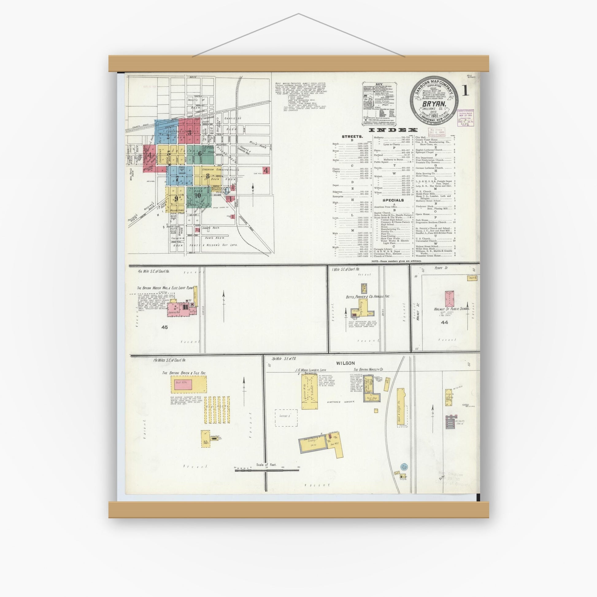 Old map wall art mockup — magnetic wood frame on white wall — Sanborn Fire Insurance Map from Bryan, Williams County, Ohio (1905), Sheet #0001