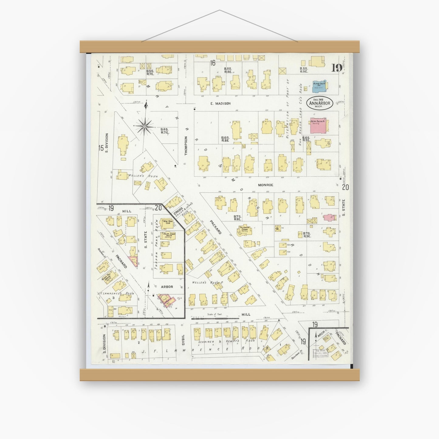 Old map wall art mockup — magnetic wood frame on white wall — Sanborn Fire Insurance Map from Ann Arbor, Washtenaw County, Michigan (1908), Sheet #0019