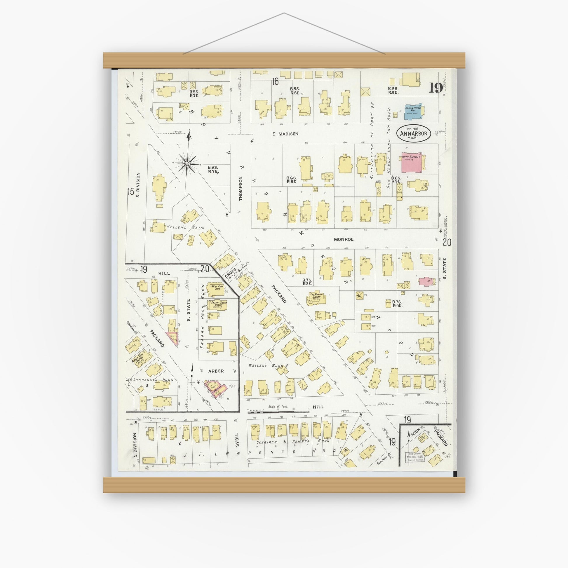 Old map wall art mockup — magnetic wood frame on white wall — Sanborn Fire Insurance Map from Ann Arbor, Washtenaw County, Michigan (1908), Sheet #0019