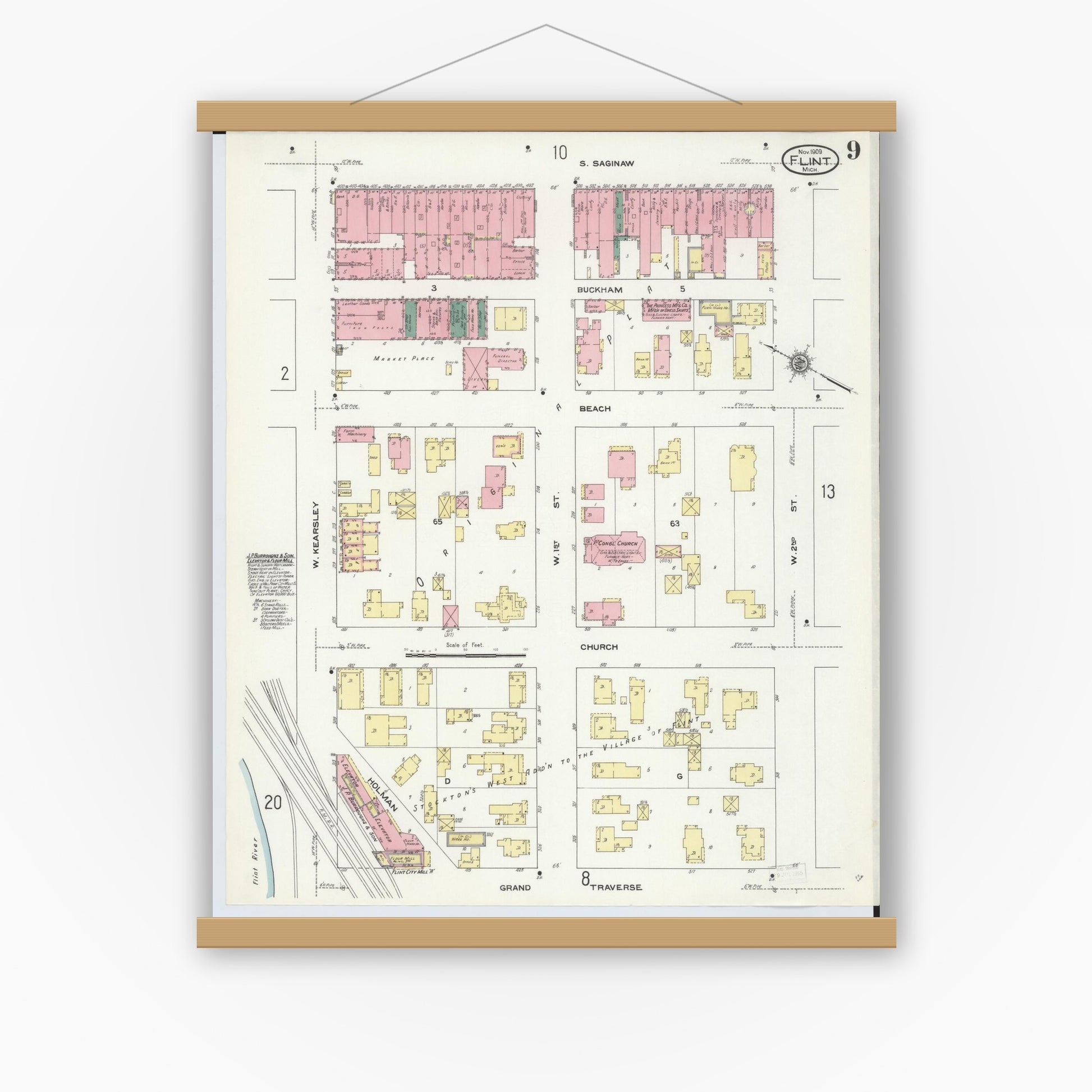 Old map wall art mockup — magnetic wood frame on white wall — Sanborn Fire Insurance Map from Flint, Genesee County, Michigan (1909), Sheet #0009