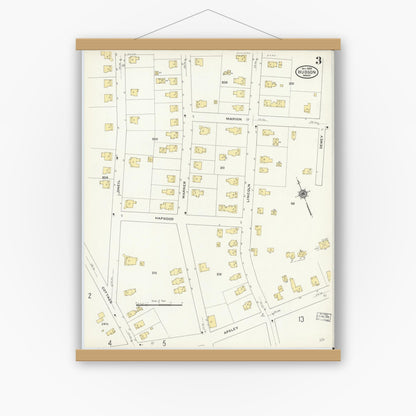 Old map wall art mockup — magnetic wood frame on white wall — Sanborn Fire Insurance Map from Hudson, Middlesex County, Massachusetts (1909), Sheet #0003