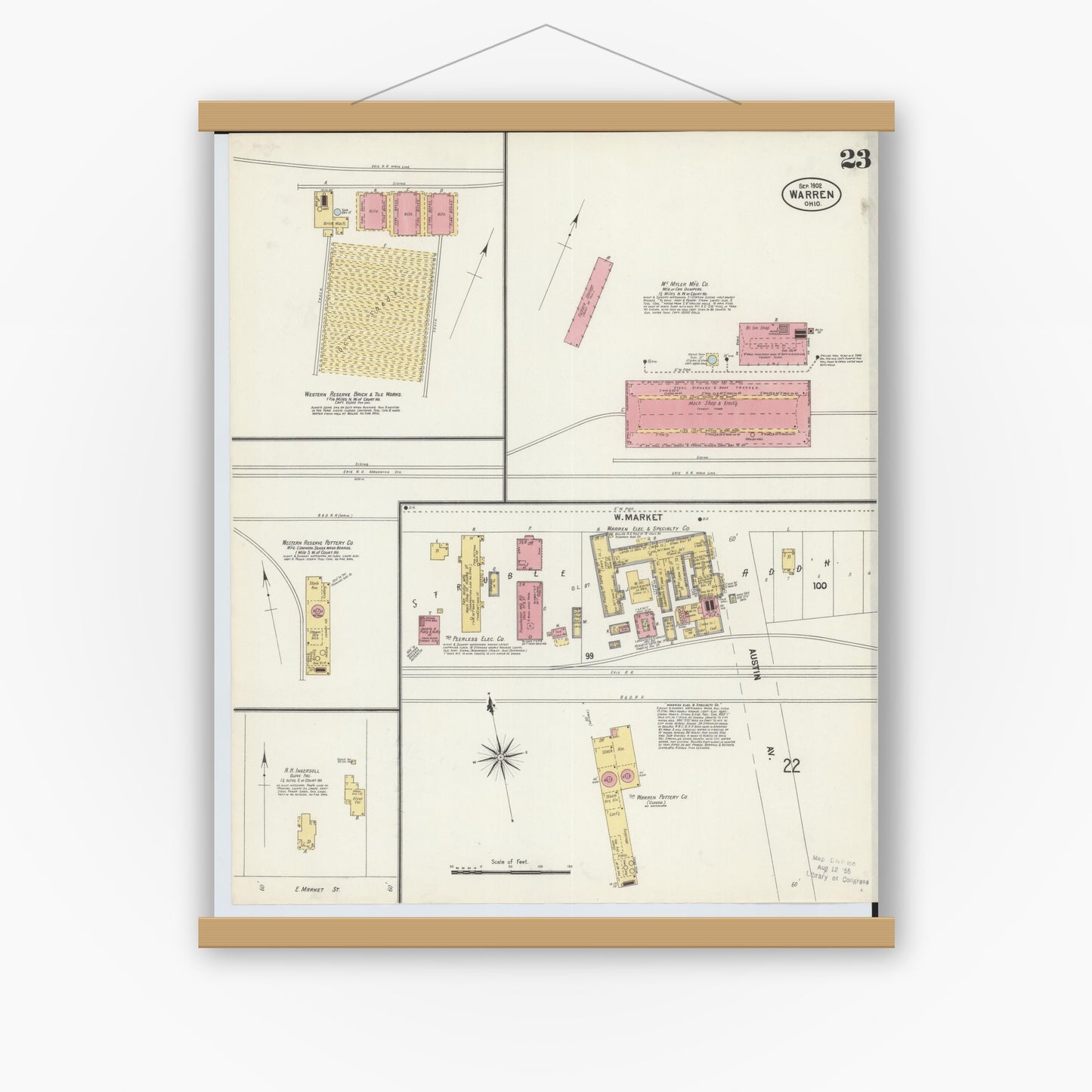 Old map wall art mockup — magnetic wood frame on white wall — Sanborn Fire Insurance Map from Warren, Trumbull County, Ohio (1902), Sheet #0023