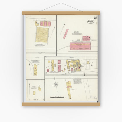 Old map wall art mockup — magnetic wood frame on white wall — Sanborn Fire Insurance Map from Warren, Trumbull County, Ohio (1902), Sheet #0023