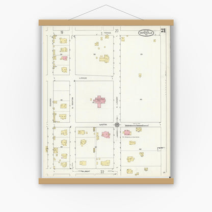 Old map wall art mockup — magnetic wood frame on white wall — Sanborn Fire Insurance Map from Gainesville, Cooke County, Texas (1913), Sheet #0021