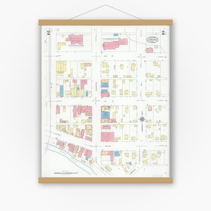 Old map wall art mockup — magnetic wood frame on white wall — Sanborn Fire Insurance Map from Jordan, Scott County, Minnesota (1928), Sheet #0002