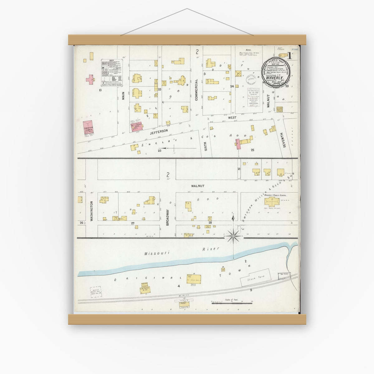 Old map wall art mockup — magnetic wood frame on white wall — Sanborn Fire Insurance Map from Waverly, Lafayette County, Missouri (1900) - Complete Map Set