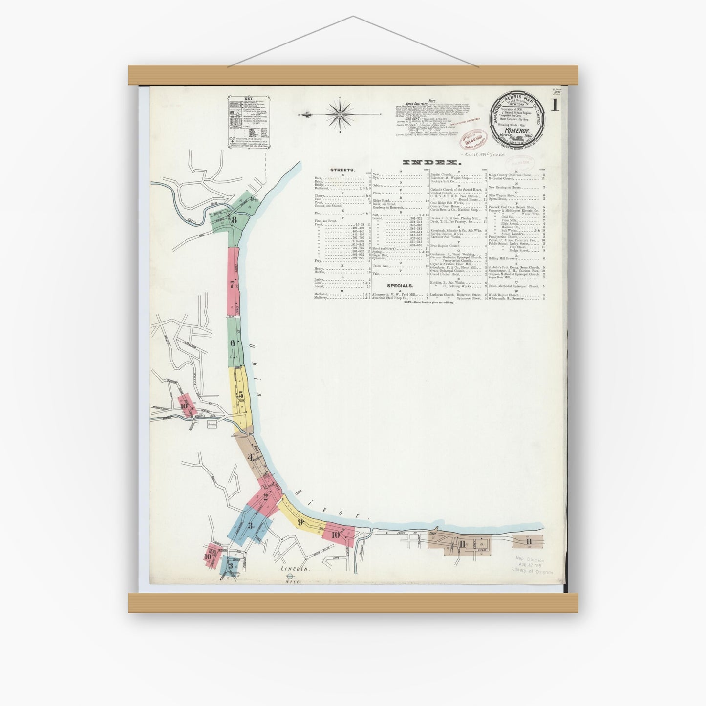Old map wall art mockup — magnetic wood frame on white wall — Sanborn Fire Insurance Map from Pomeroy, Meigs County, Ohio (1899), Sheet #0001