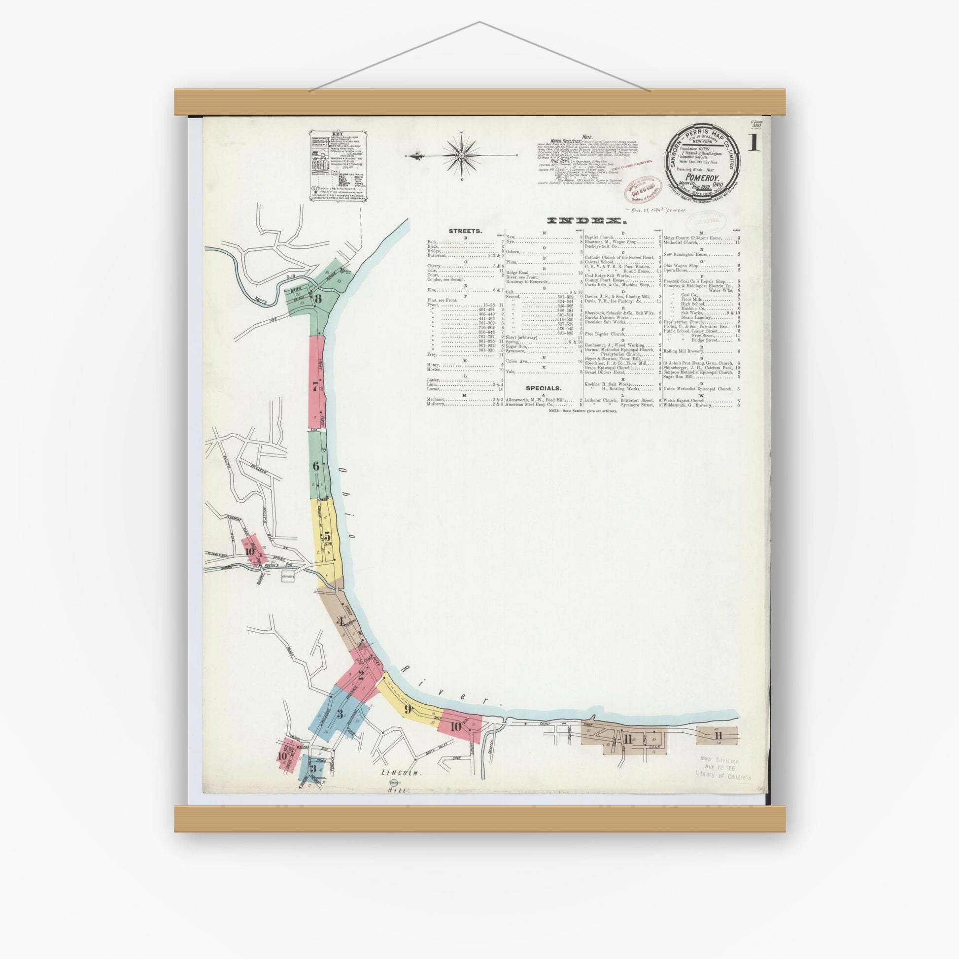 Old map wall art mockup — magnetic wood frame on white wall — Sanborn Fire Insurance Map from Pomeroy, Meigs County, Ohio (1899), Sheet #0001