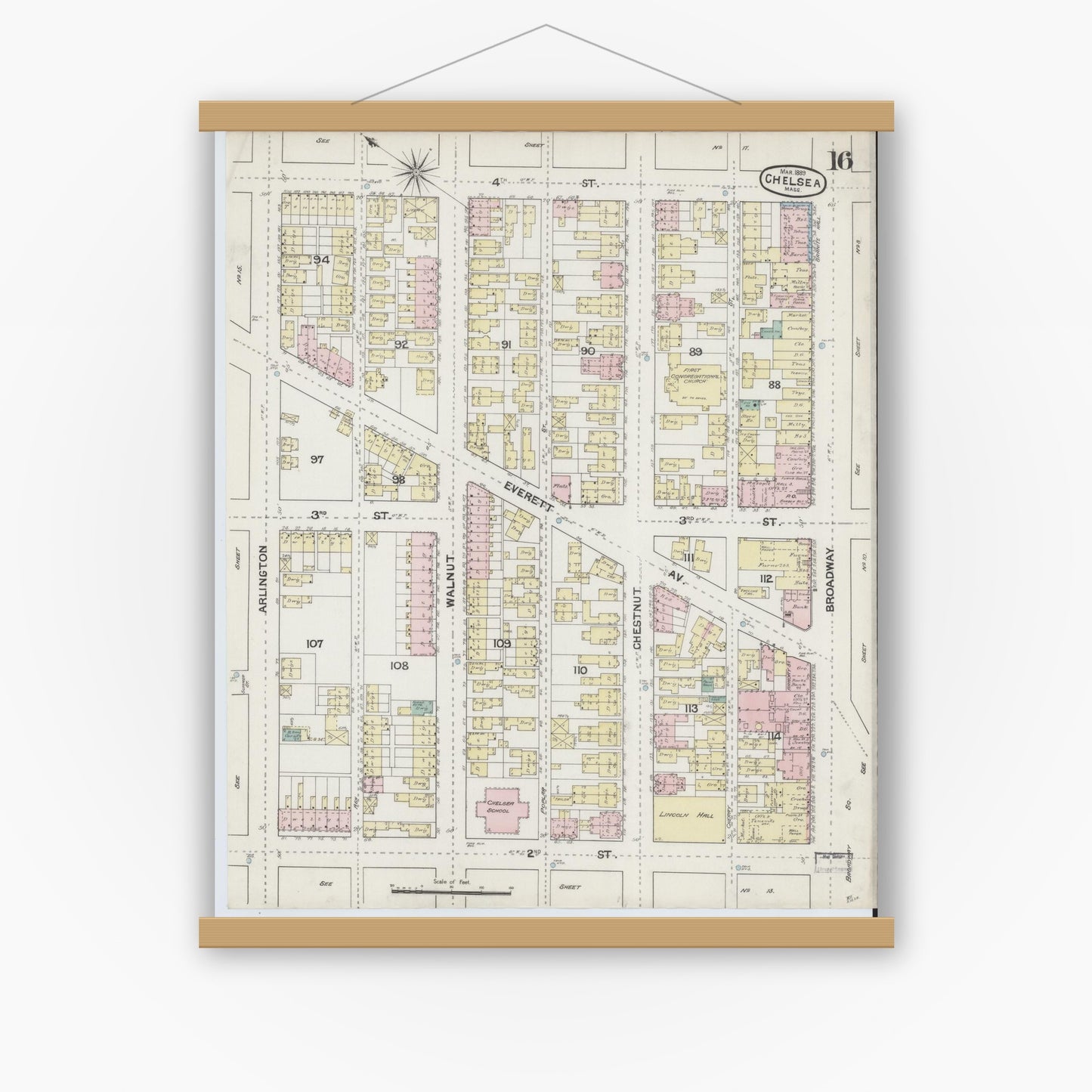 Old map wall art mockup — magnetic wood frame on white wall — Sanborn Fire Insurance Map from Chelsea, Suffolk County, Massachusetts (1889), Sheet #0016