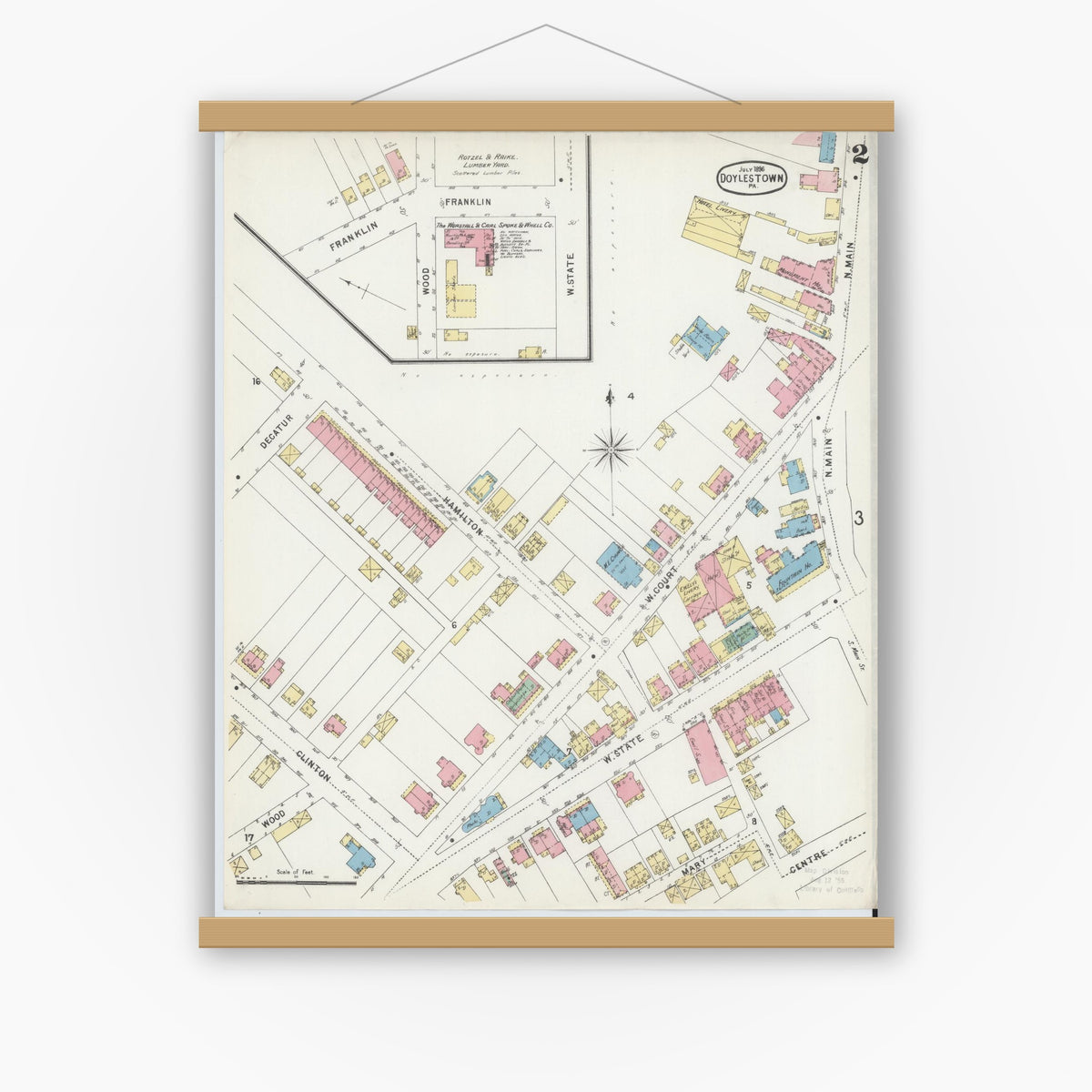 Old map wall art mockup — magnetic wood frame on white wall — Sanborn Fire Insurance Map from Doylestown, Bucks County, Pennsylvania (1896), Sheet #0002