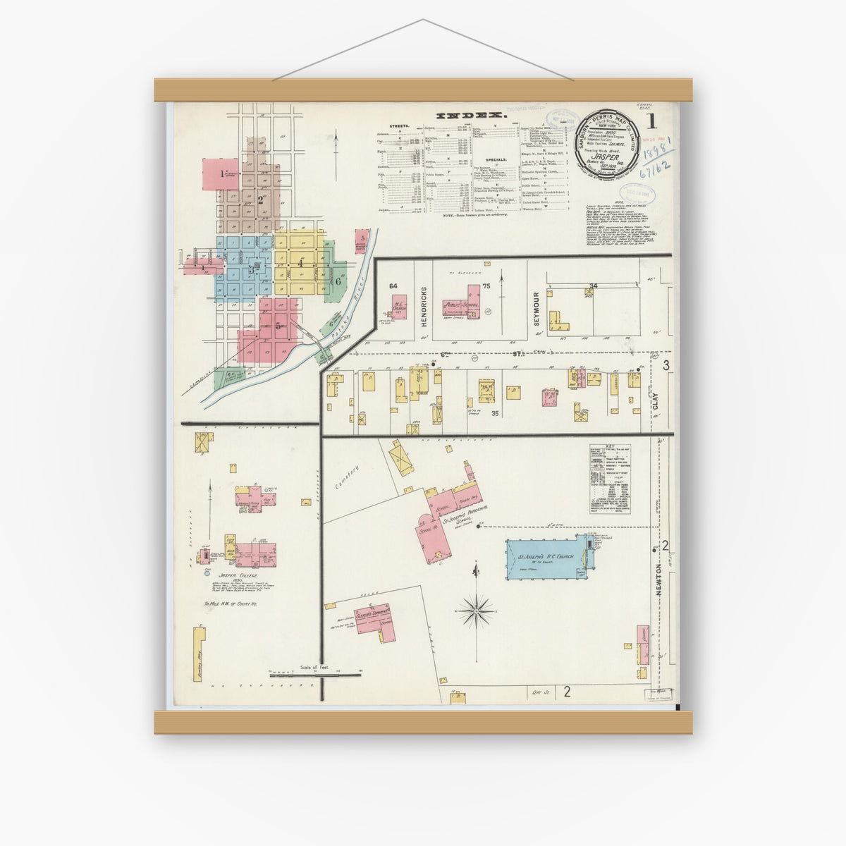 Old map wall art mockup — magnetic wood frame on white wall — Sanborn Fire Insurance Map from Jasper, Dubois County, Indiana (1898) - Complete Map Set