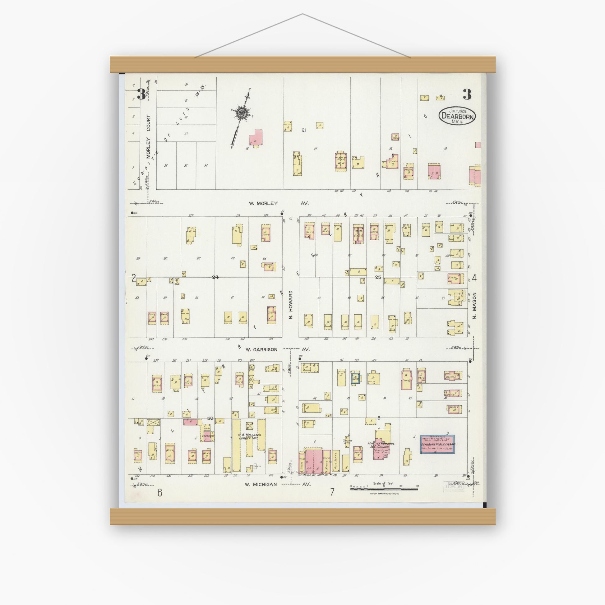 Old map wall art mockup — magnetic wood frame on white wall — Sanborn Fire Insurance Map from Dearborn, Wayne County, Michigan (1924), Sheet #0003