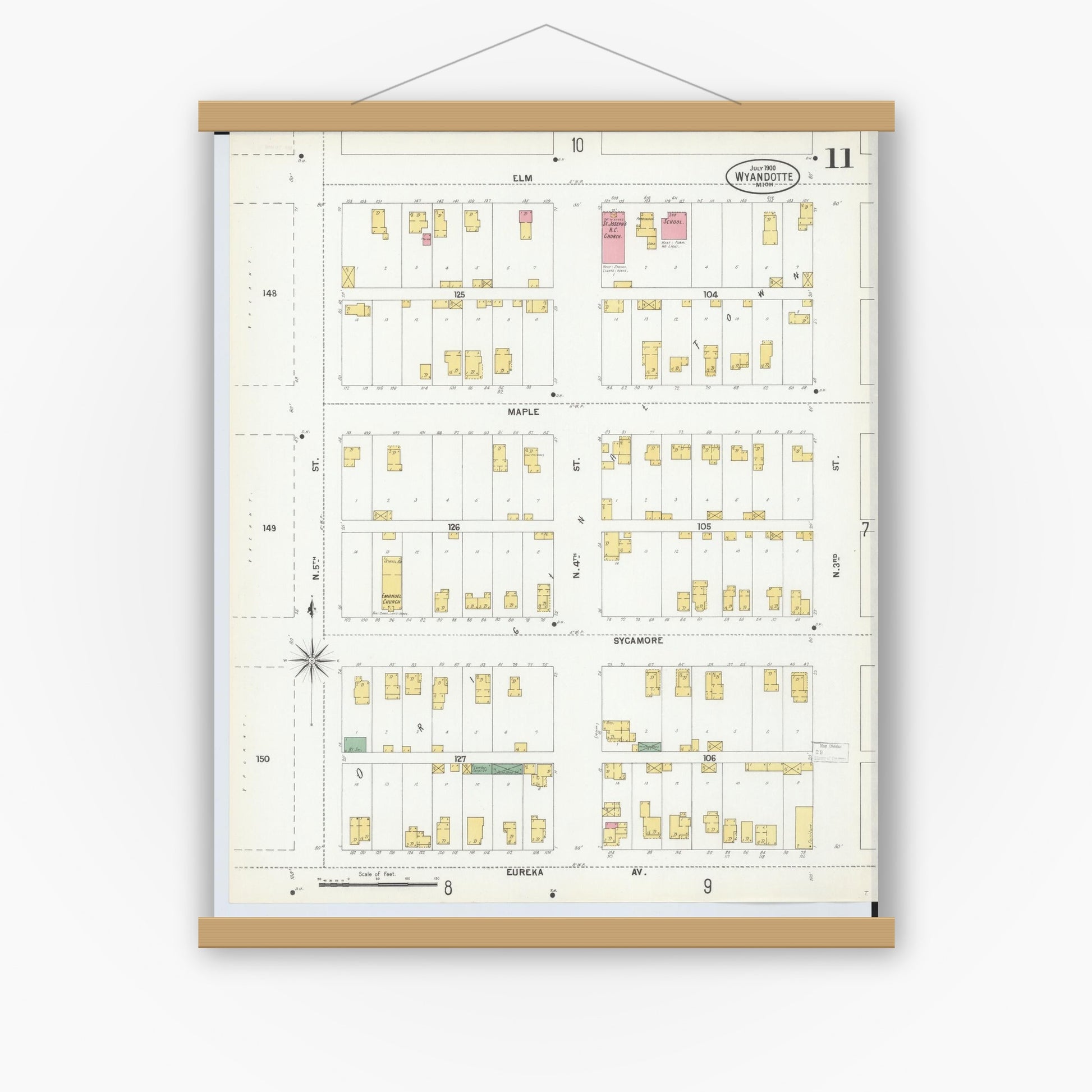 Old map wall art mockup — magnetic wood frame on white wall — Sanborn Fire Insurance Map from Wyandotte, Wayne County, Michigan (1900), Sheet #0011