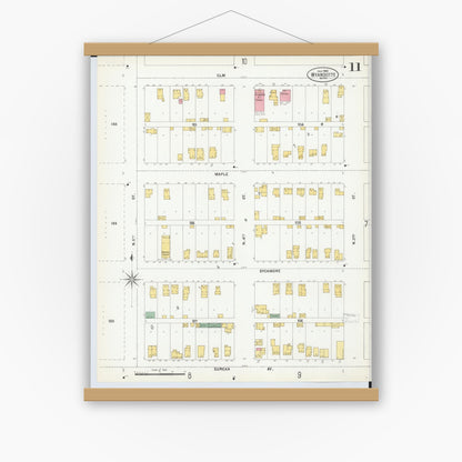 Old map wall art mockup — magnetic wood frame on white wall — Sanborn Fire Insurance Map from Wyandotte, Wayne County, Michigan (1900), Sheet #0011