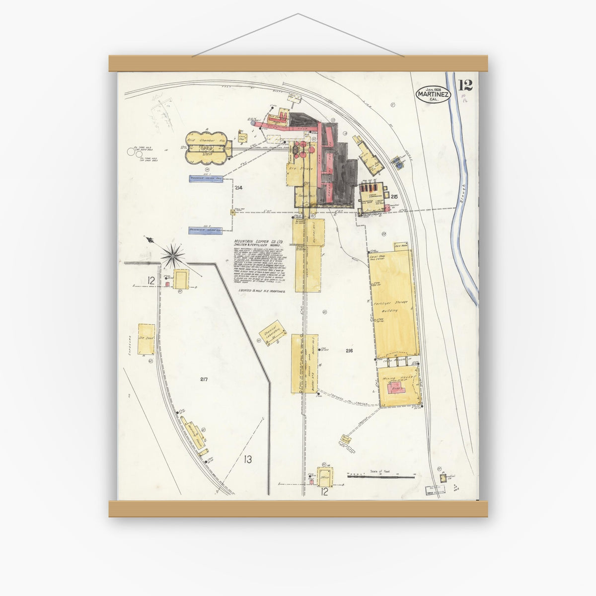 Old map wall art mockup — magnetic wood frame on white wall — Sanborn Fire Insurance Map from Martinez, Contra Costa County, California (1908), Sheet #0012
