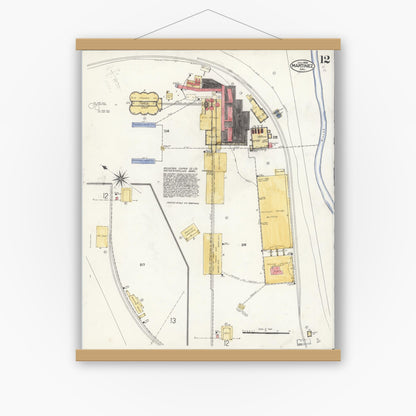 Old map wall art mockup — magnetic wood frame on white wall — Sanborn Fire Insurance Map from Martinez, Contra Costa County, California (1908), Sheet #0012