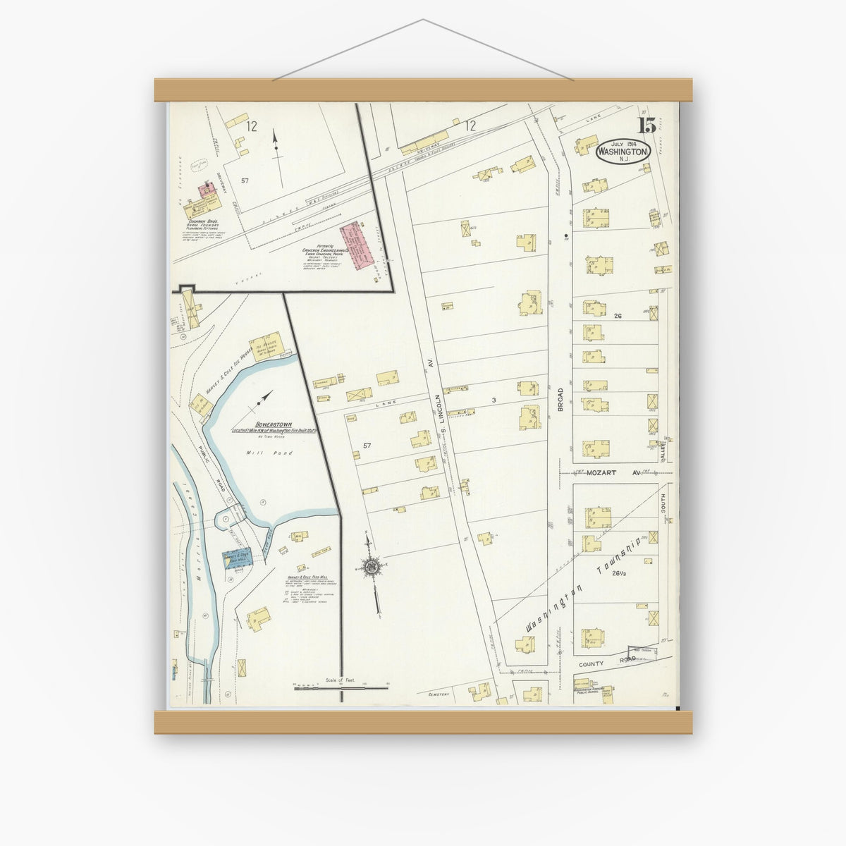 Old map wall art mockup — magnetic wood frame on white wall — Sanborn Fire Insurance Map from Washington, Warren County, New Jersey (1914), Sheet #0015
