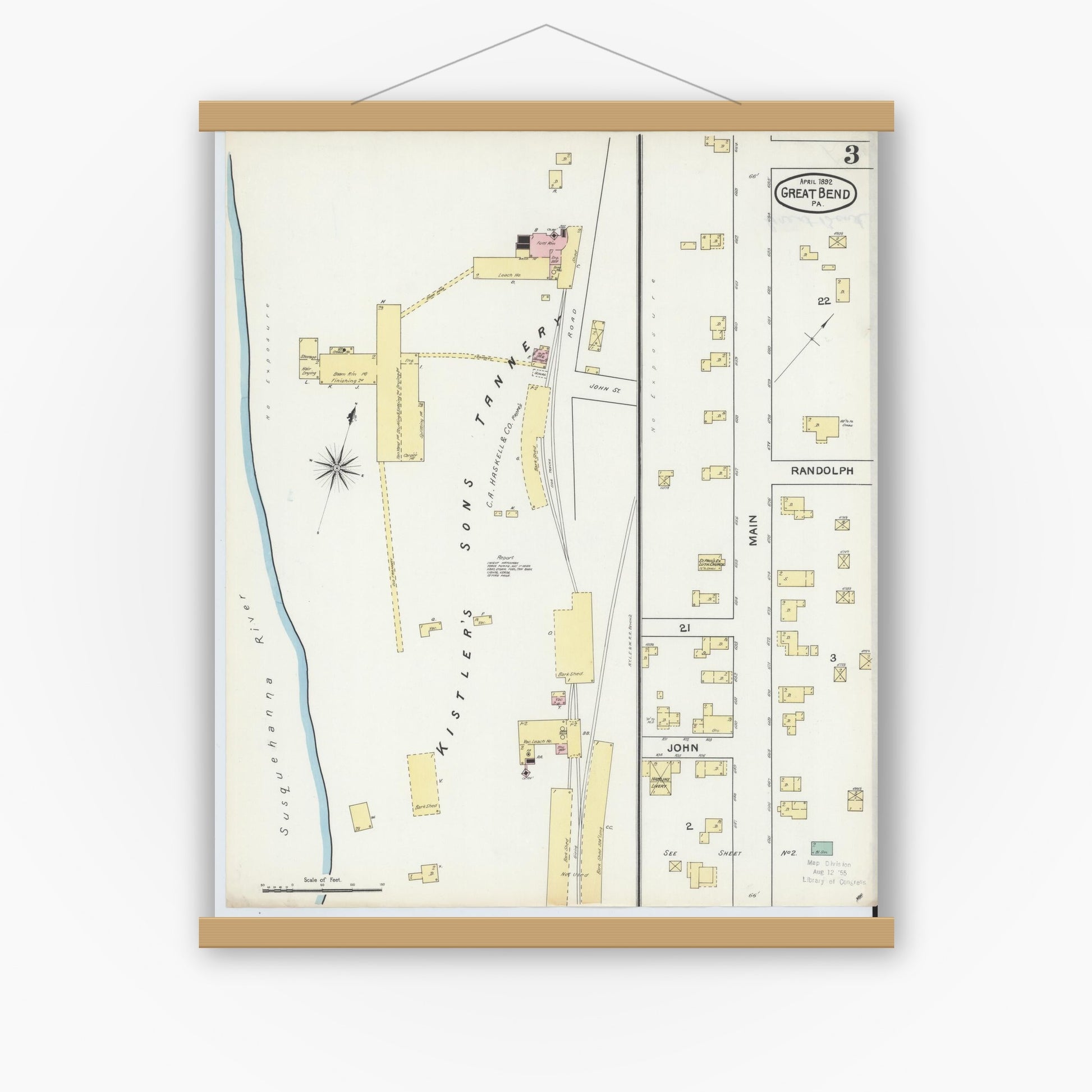Old map wall art mockup — magnetic wood frame on white wall — Sanborn Fire Insurance Map from Great Bend, Susquehanna County, Pennsylvania (1892), Sheet #0003