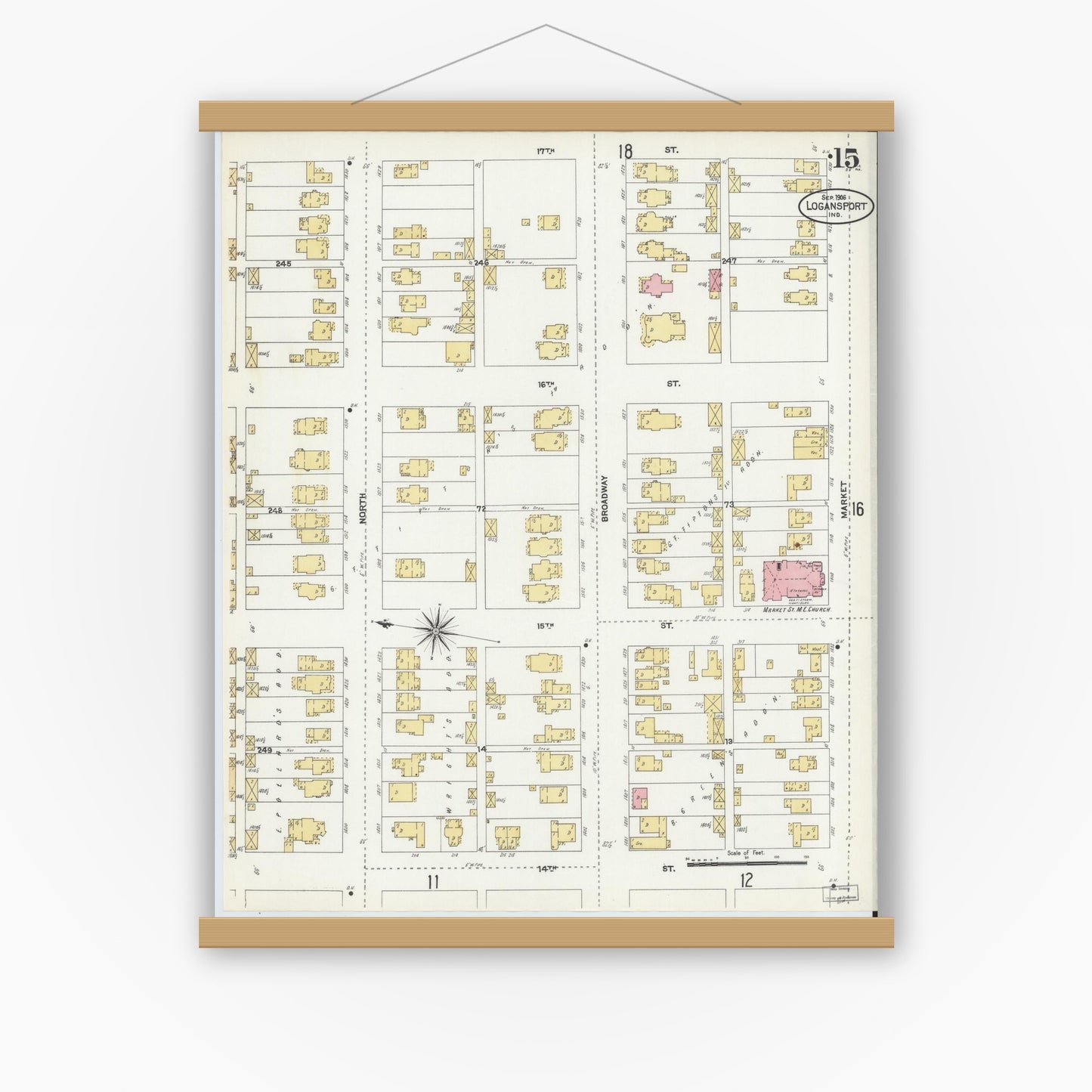 Old map wall art mockup — magnetic wood frame on white wall — Sanborn Fire Insurance Map from Logansport, Cass County, Indiana (1906), Sheet #0015
