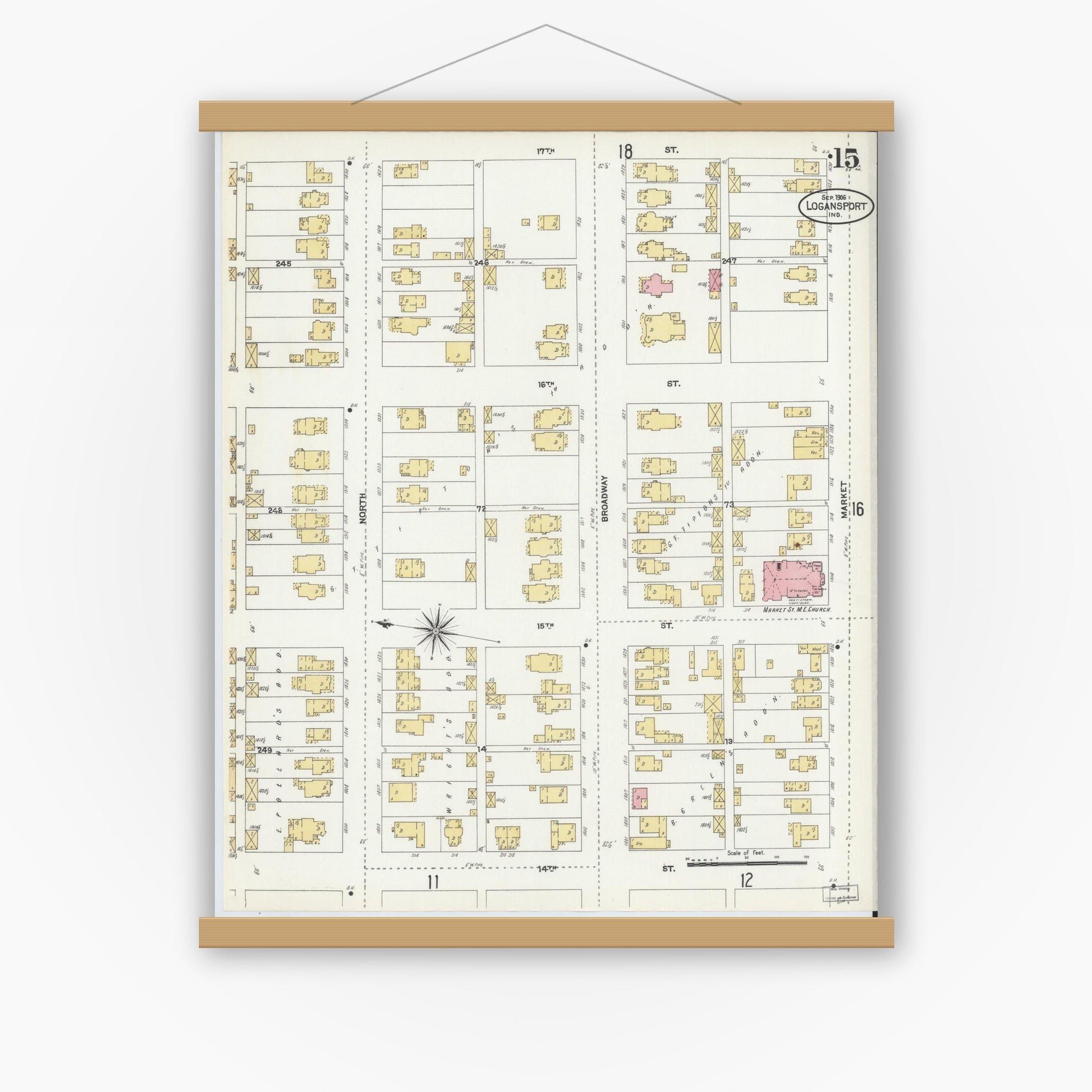 Old map wall art mockup — magnetic wood frame on white wall — Sanborn Fire Insurance Map from Logansport, Cass County, Indiana (1906), Sheet #0015