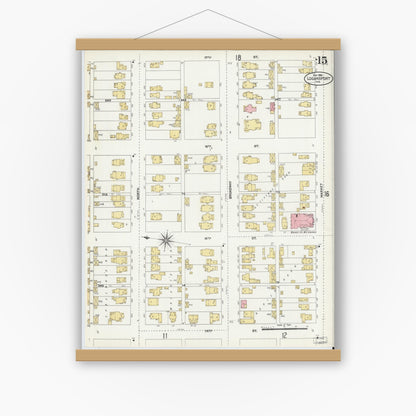 Old map wall art mockup — magnetic wood frame on white wall — Sanborn Fire Insurance Map from Logansport, Cass County, Indiana (1906), Sheet #0015