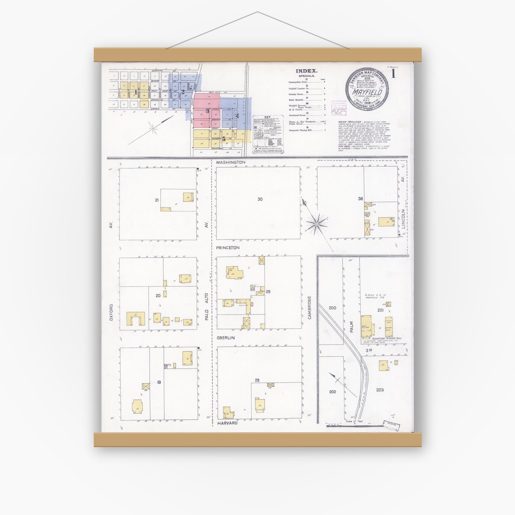 Old map wall art mockup — magnetic wood frame on white wall — Sanborn Fire Insurance Map from Mayfield, Santa Clara County, California (1908) - Complete Map Set
