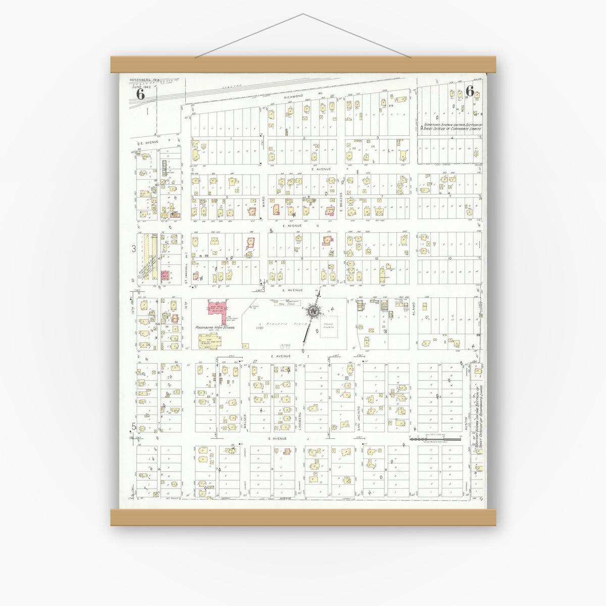 Old map wall art mockup — magnetic wood frame on white wall — Sanborn Fire Insurance Map from Rosenberg, Fort Bend County, Texas (1942), Sheet #0006
