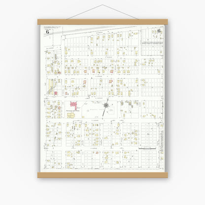 Old map wall art mockup — magnetic wood frame on white wall — Sanborn Fire Insurance Map from Rosenberg, Fort Bend County, Texas (1942), Sheet #0006