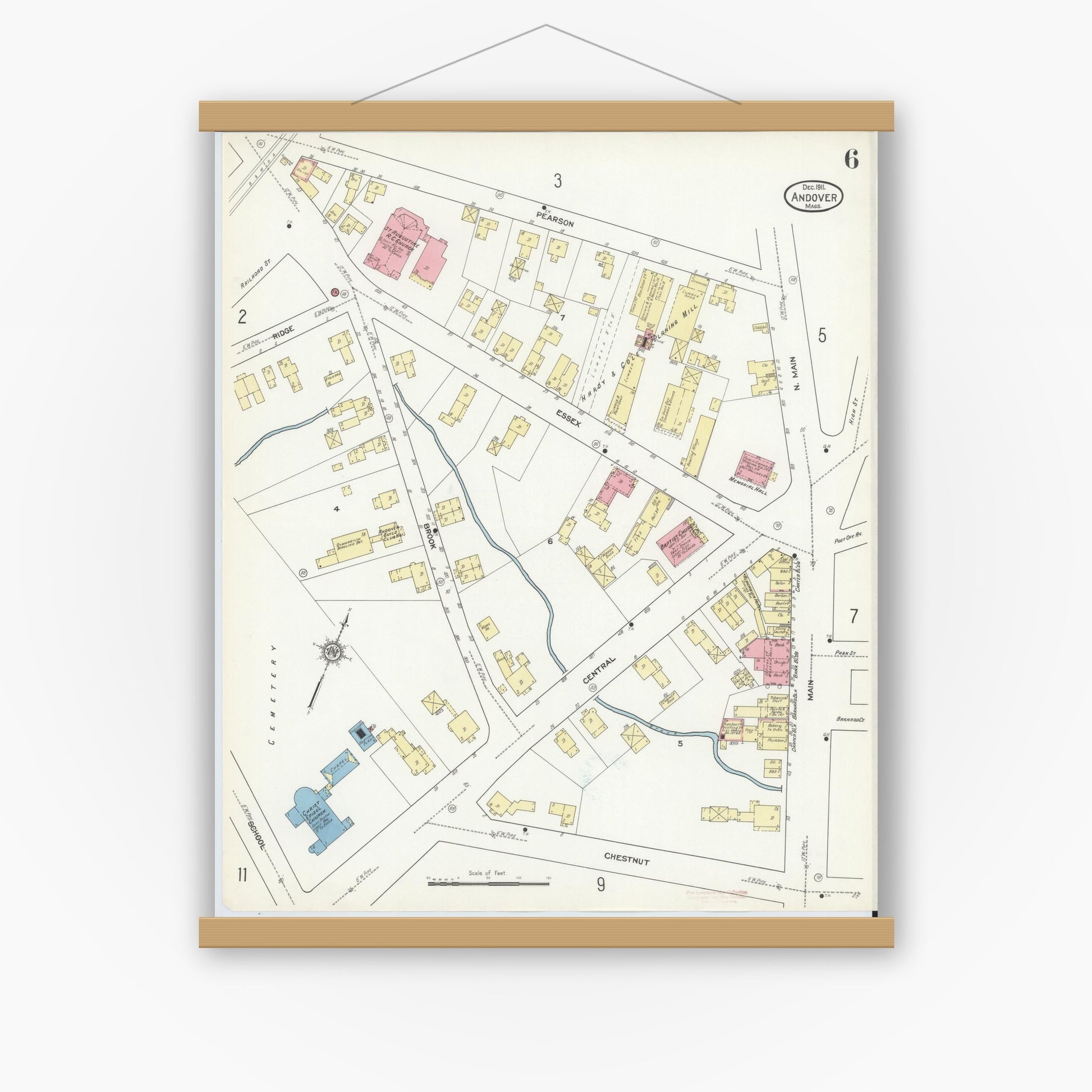 Old map wall art mockup — magnetic wood frame on white wall — Sanborn Fire Insurance Map from Andover, Essex County, Massachusetts (1911), Sheet #0006