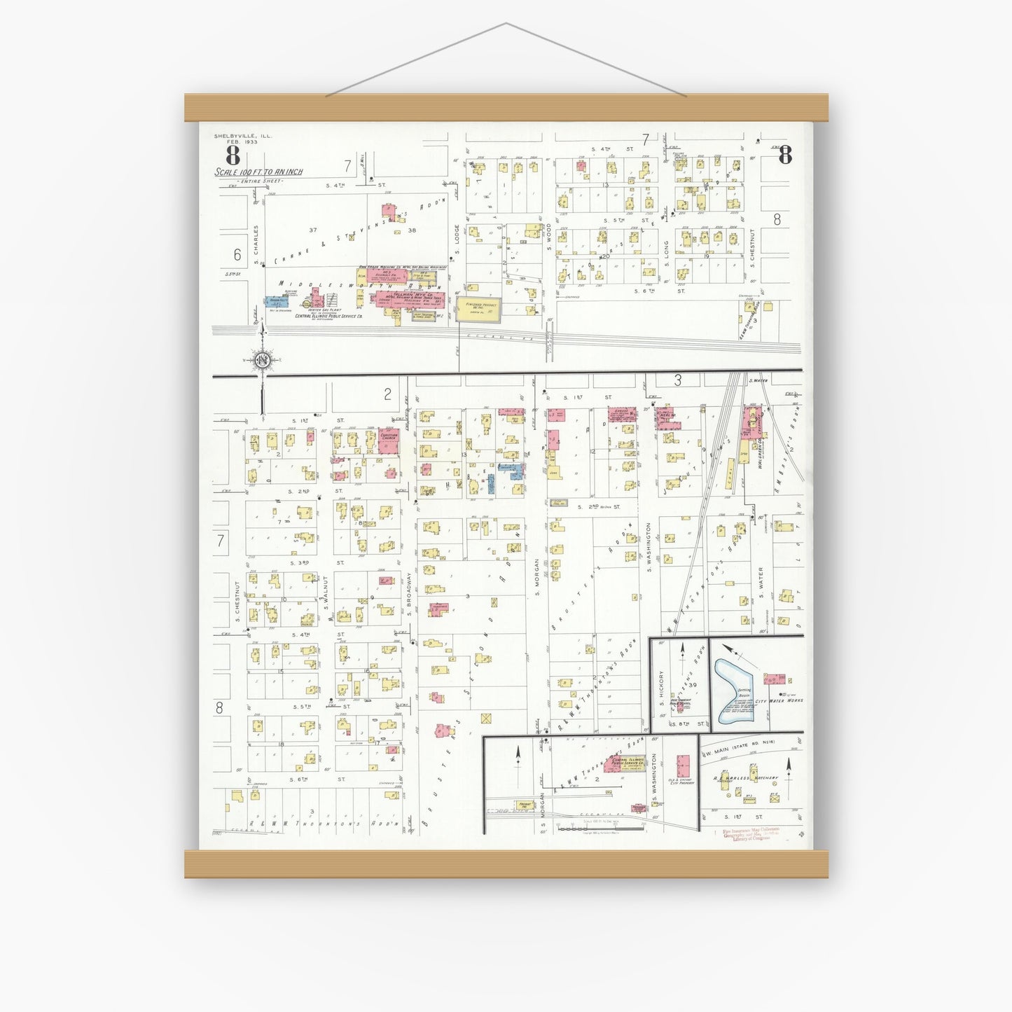 Old map wall art mockup — magnetic wood frame on white wall — Sanborn Fire Insurance Map from Shelbyville, Shelby County, Illinois (1933), Sheet #0008