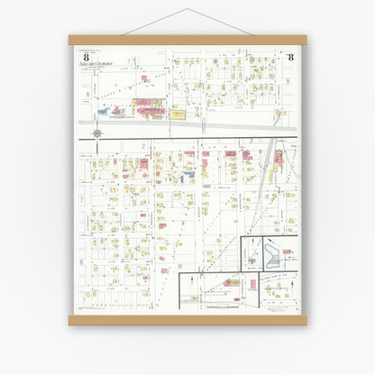 Old map wall art mockup — magnetic wood frame on white wall — Sanborn Fire Insurance Map from Shelbyville, Shelby County, Illinois (1933), Sheet #0008