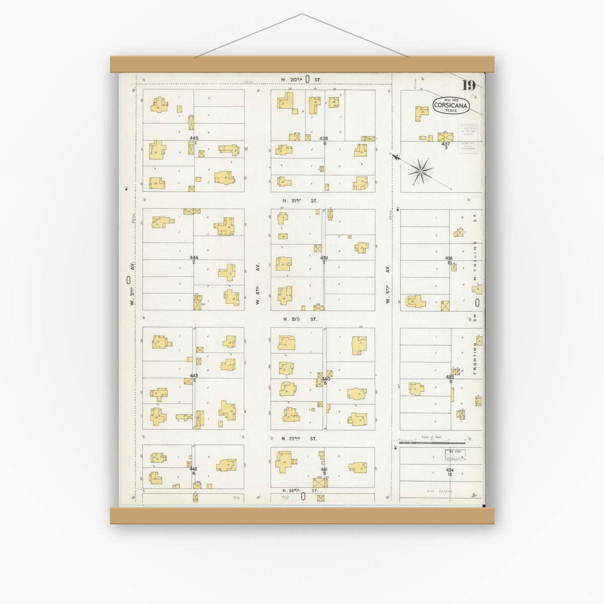 Old map wall art mockup — magnetic wood frame on white wall — Sanborn Fire Insurance Map from Corsicana, Navarro County, Texas (1900), Sheet #0019