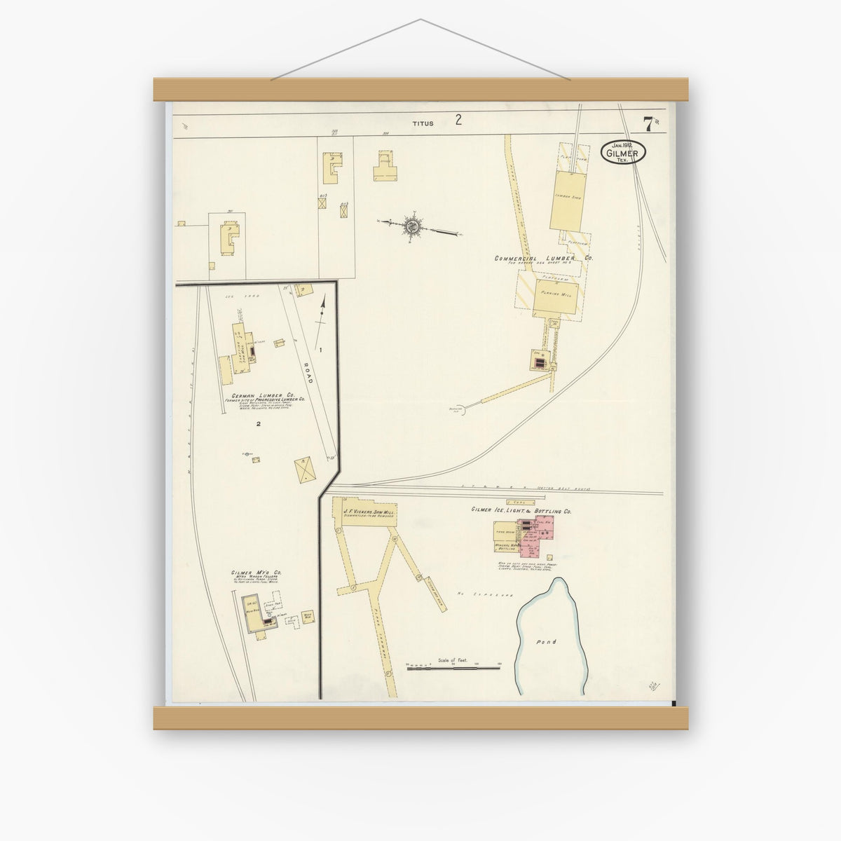 Old map wall art mockup — magnetic wood frame on white wall — Sanborn Fire Insurance Map from Gilmer, Upshur County, Texas (1912), Sheet #0007