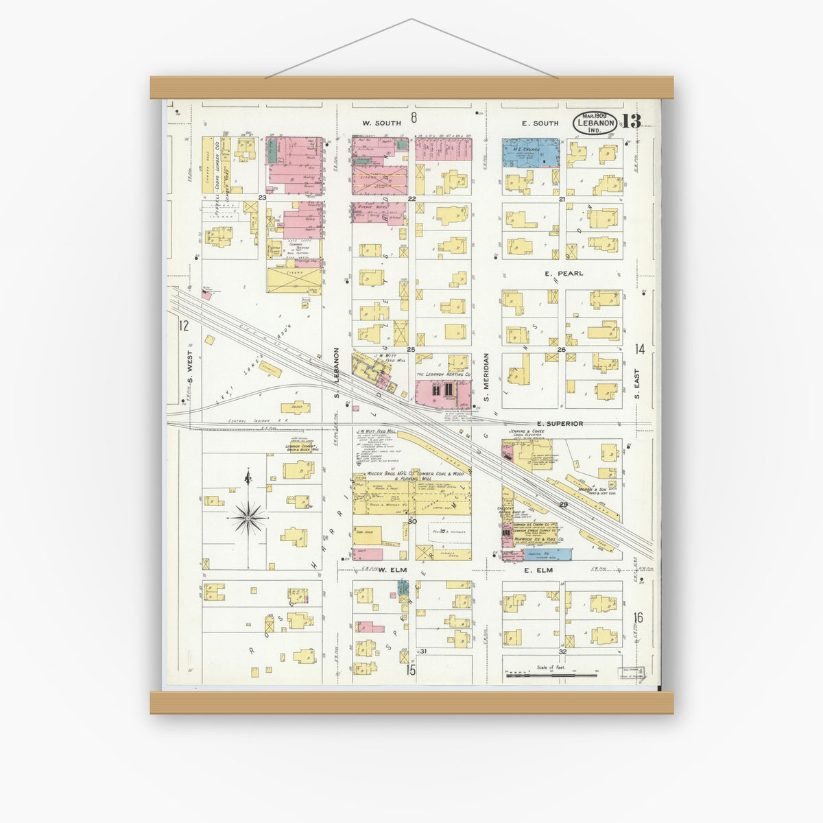Old map wall art mockup — magnetic wood frame on white wall — Sanborn Fire Insurance Map from Lebanon, Boone County, Indiana (1909), Sheet #0013