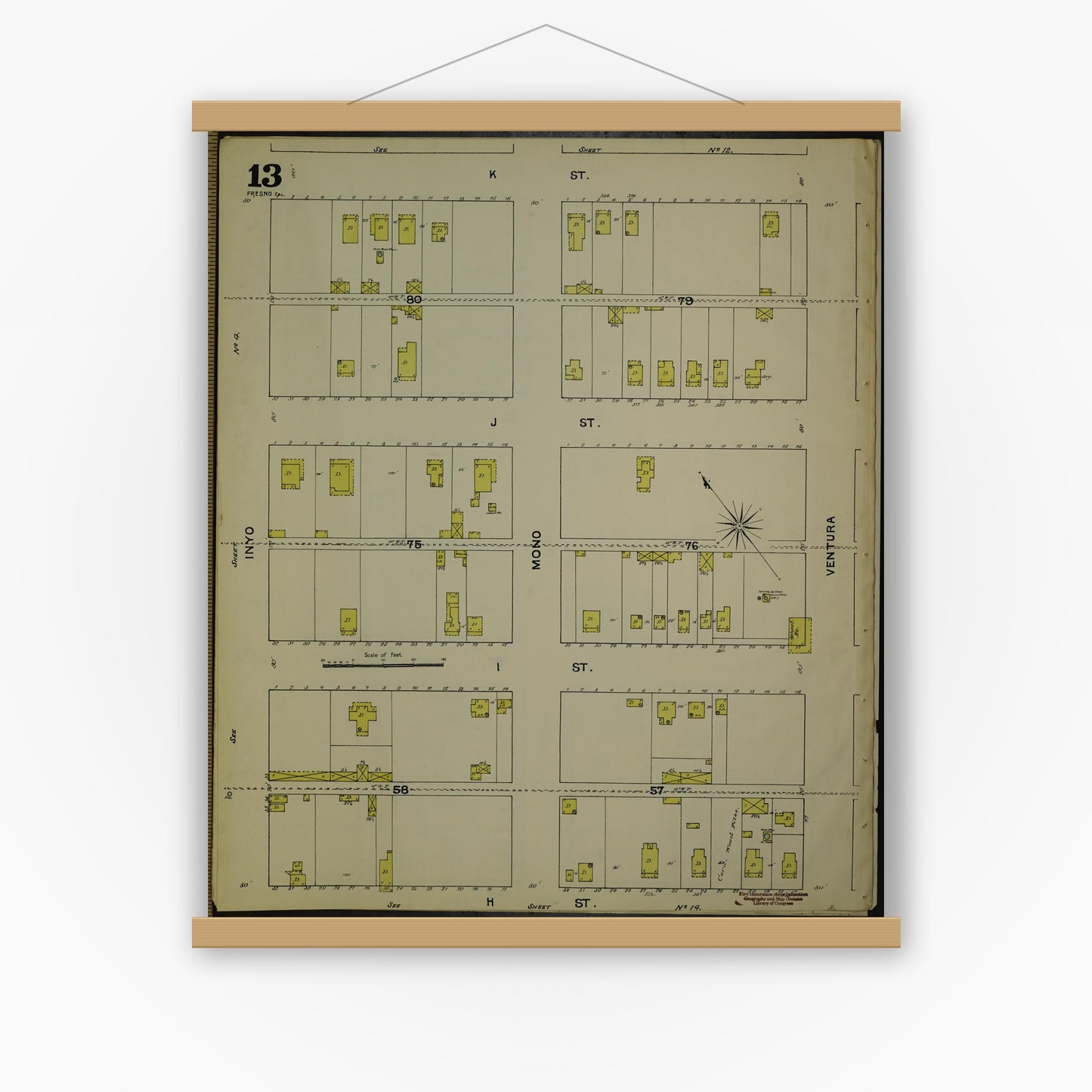 Old map wall art mockup — magnetic wood frame on white wall — Sanborn Fire Insurance Map from Fresno, Fresno County, California (1888), Sheet #0013