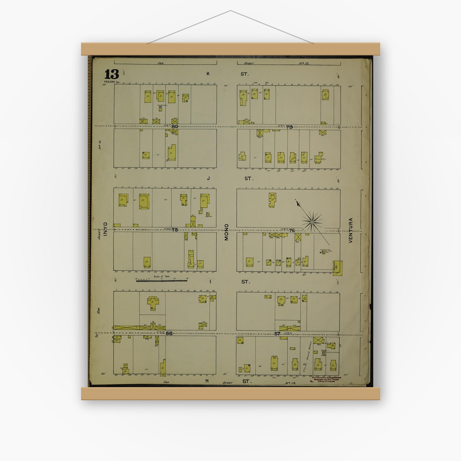 Old map wall art mockup — magnetic wood frame on white wall — Sanborn Fire Insurance Map from Fresno, Fresno County, California (1888), Sheet #0013