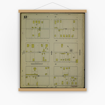 Old map wall art mockup — magnetic wood frame on white wall — Sanborn Fire Insurance Map from Fresno, Fresno County, California (1888), Sheet #0013