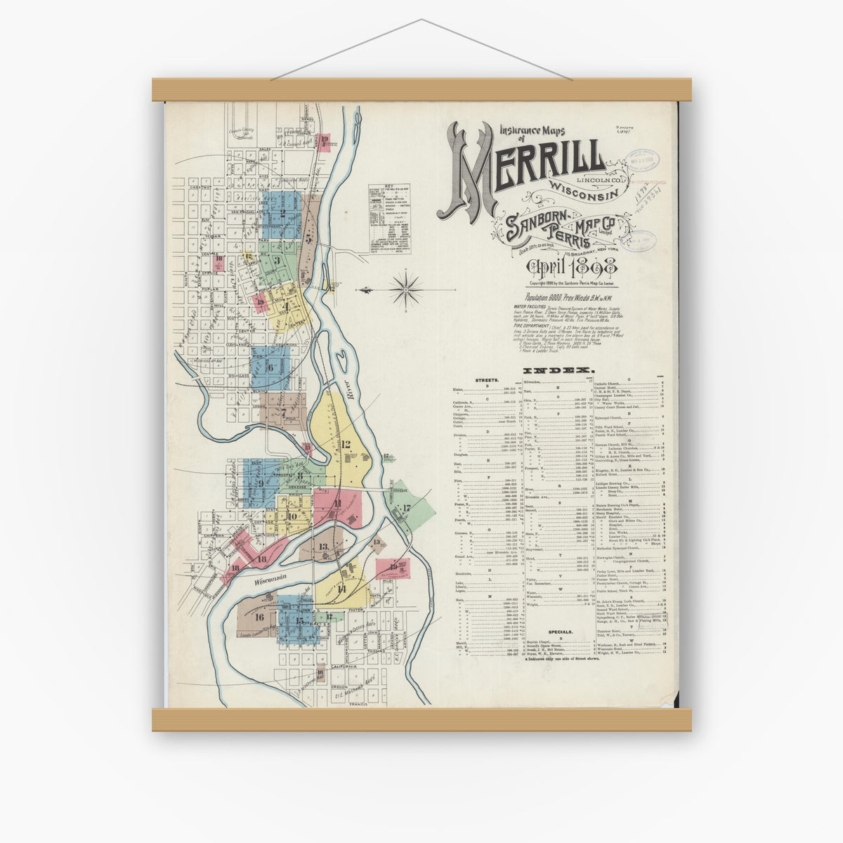 Old map wall art mockup — magnetic wood frame on white wall — Sanborn Fire Insurance Map from Merrill, Lincoln County, Wisconsin (1898) - Complete Map Set