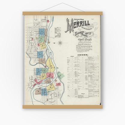 Old map wall art mockup — magnetic wood frame on white wall — Sanborn Fire Insurance Map from Merrill, Lincoln County, Wisconsin (1898) - Complete Map Set