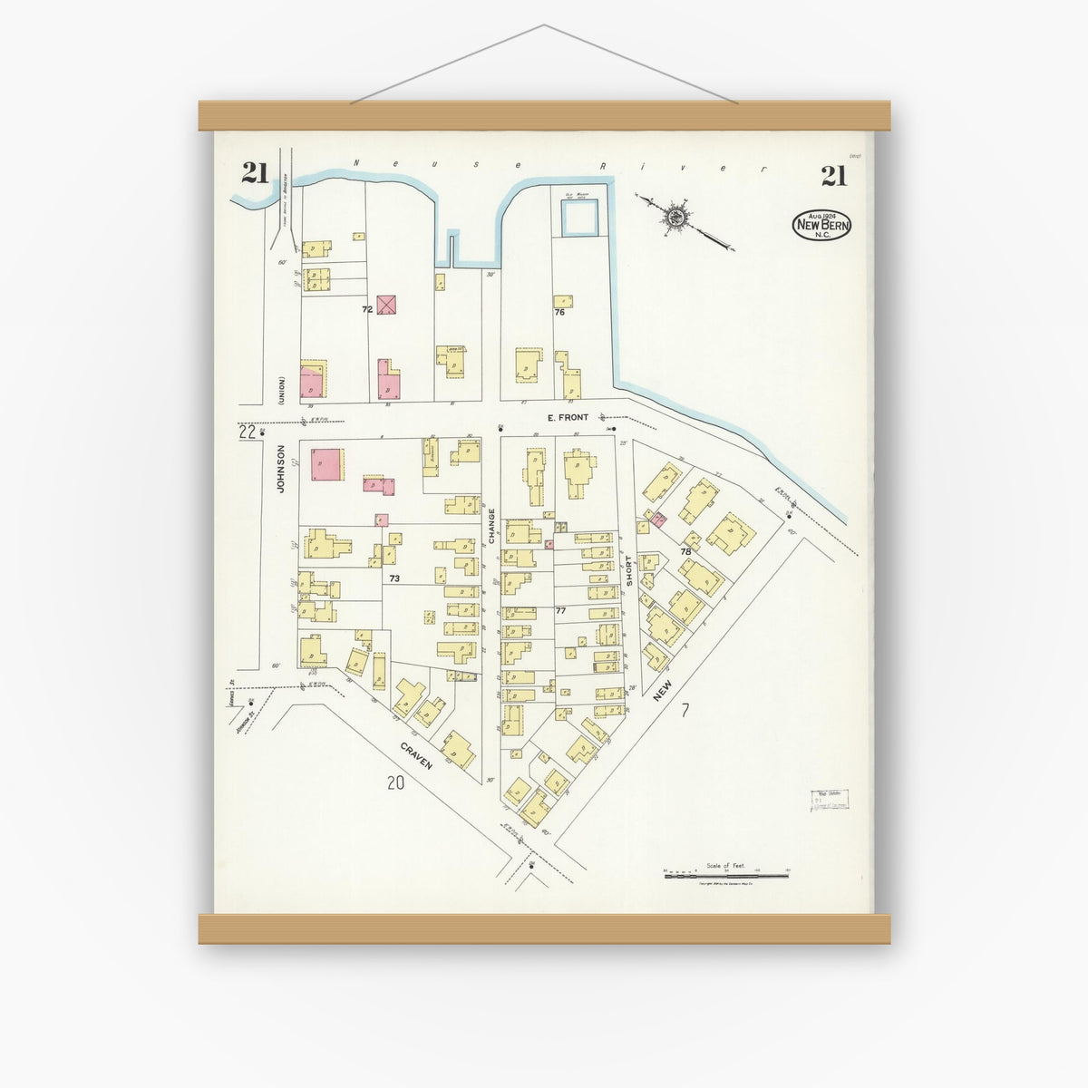 Old map wall art mockup — magnetic wood frame on white wall — Sanborn Fire Insurance Map from New Bern, Craven County, North Carolina (1924), Sheet #0021
