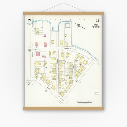 Old map wall art mockup — magnetic wood frame on white wall — Sanborn Fire Insurance Map from New Bern, Craven County, North Carolina (1924), Sheet #0021