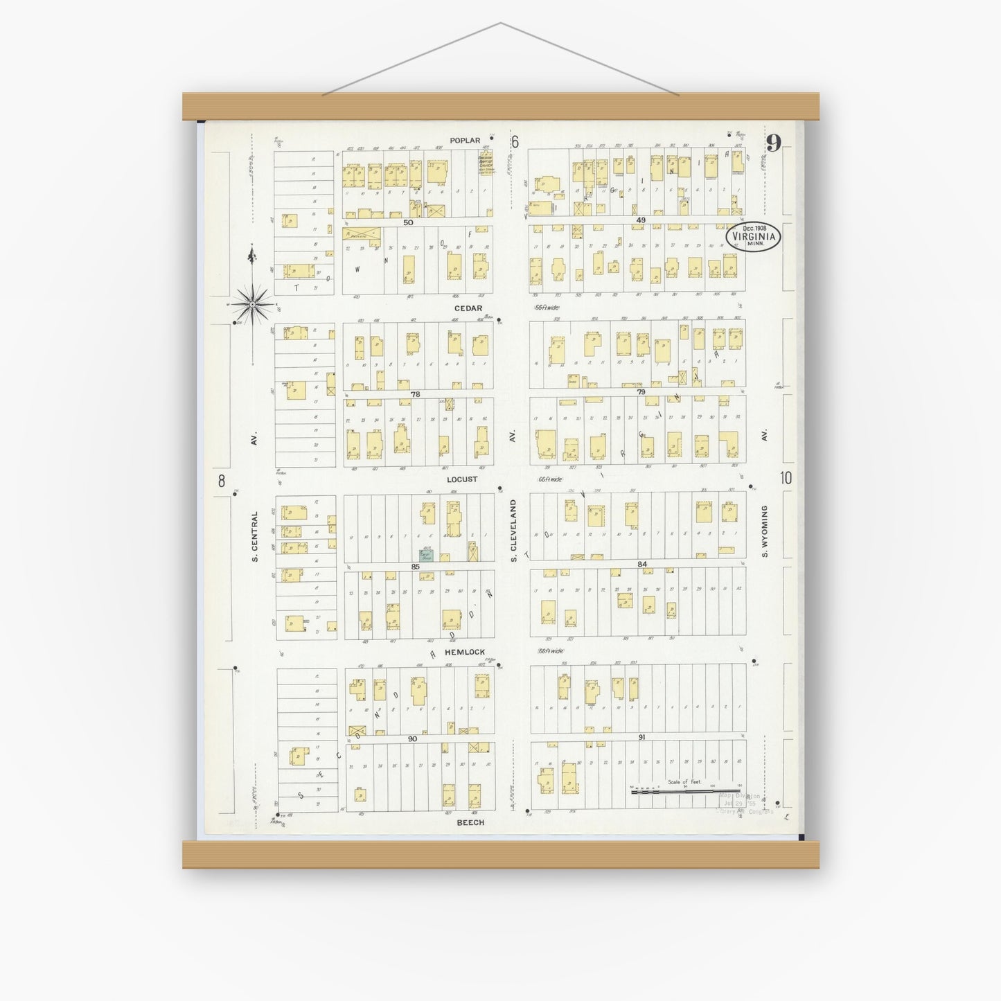 Old map wall art mockup — magnetic wood frame on white wall — Sanborn Fire Insurance Map from Virginia, Saint Louis County, Minnesota (1908), Sheet #0009