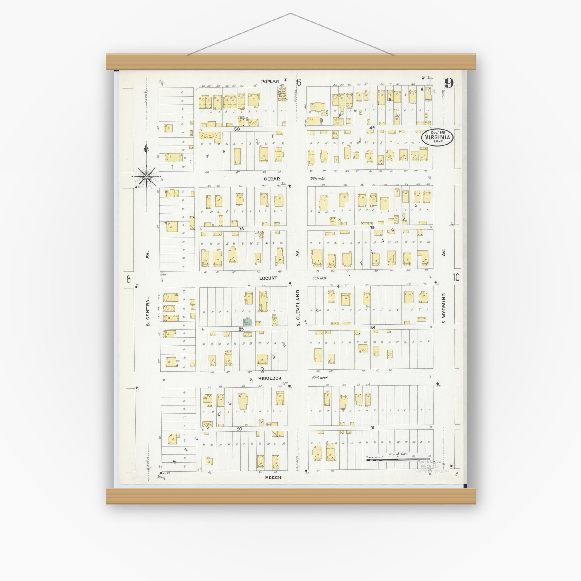 Old map wall art mockup — magnetic wood frame on white wall — Sanborn Fire Insurance Map from Virginia, Saint Louis County, Minnesota (1908), Sheet #0009