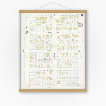 Old map wall art mockup — magnetic wood frame on white wall — Sanborn Fire Insurance Map from Virginia, Saint Louis County, Minnesota (1908), Sheet #0009