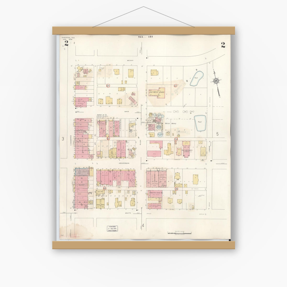 Old map wall art mockup — magnetic wood frame on white wall — Sanborn Fire Insurance Map from Overton, Rusk County, Texas (1939), Sheet #0002
