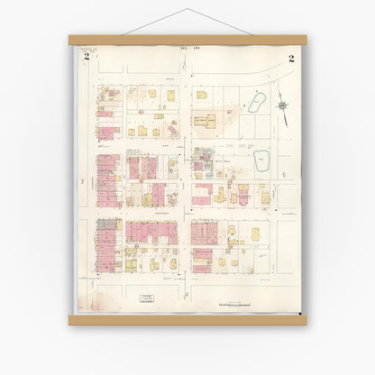 Old map wall art mockup — magnetic wood frame on white wall — Sanborn Fire Insurance Map from Overton, Rusk County, Texas (1939), Sheet #0002