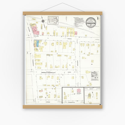 Old map wall art mockup — magnetic wood frame on white wall — Sanborn Fire Insurance Map from Strawberry Point, Clayton County, Iowa (1913), Sheet #0001