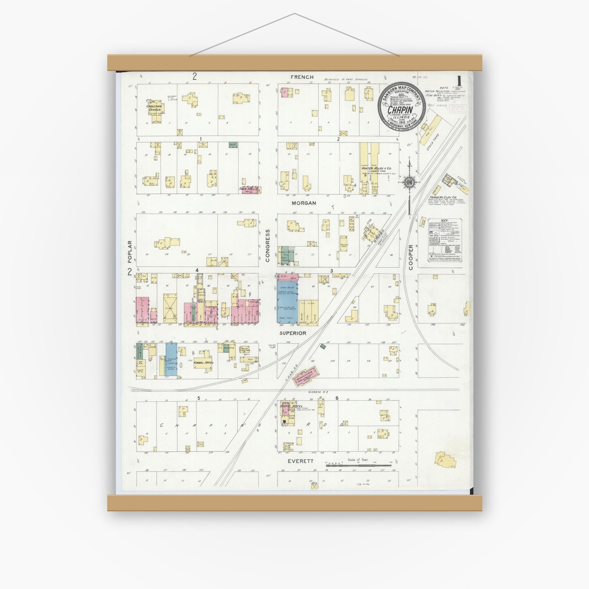 Old map wall art mockup — magnetic wood frame on white wall — Sanborn Fire Insurance Map from Chapin, Morgan County, Illinois (1910) - Complete Map Set
