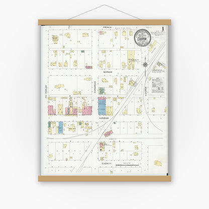 Old map wall art mockup — magnetic wood frame on white wall — Sanborn Fire Insurance Map from Chapin, Morgan County, Illinois (1910) - Complete Map Set