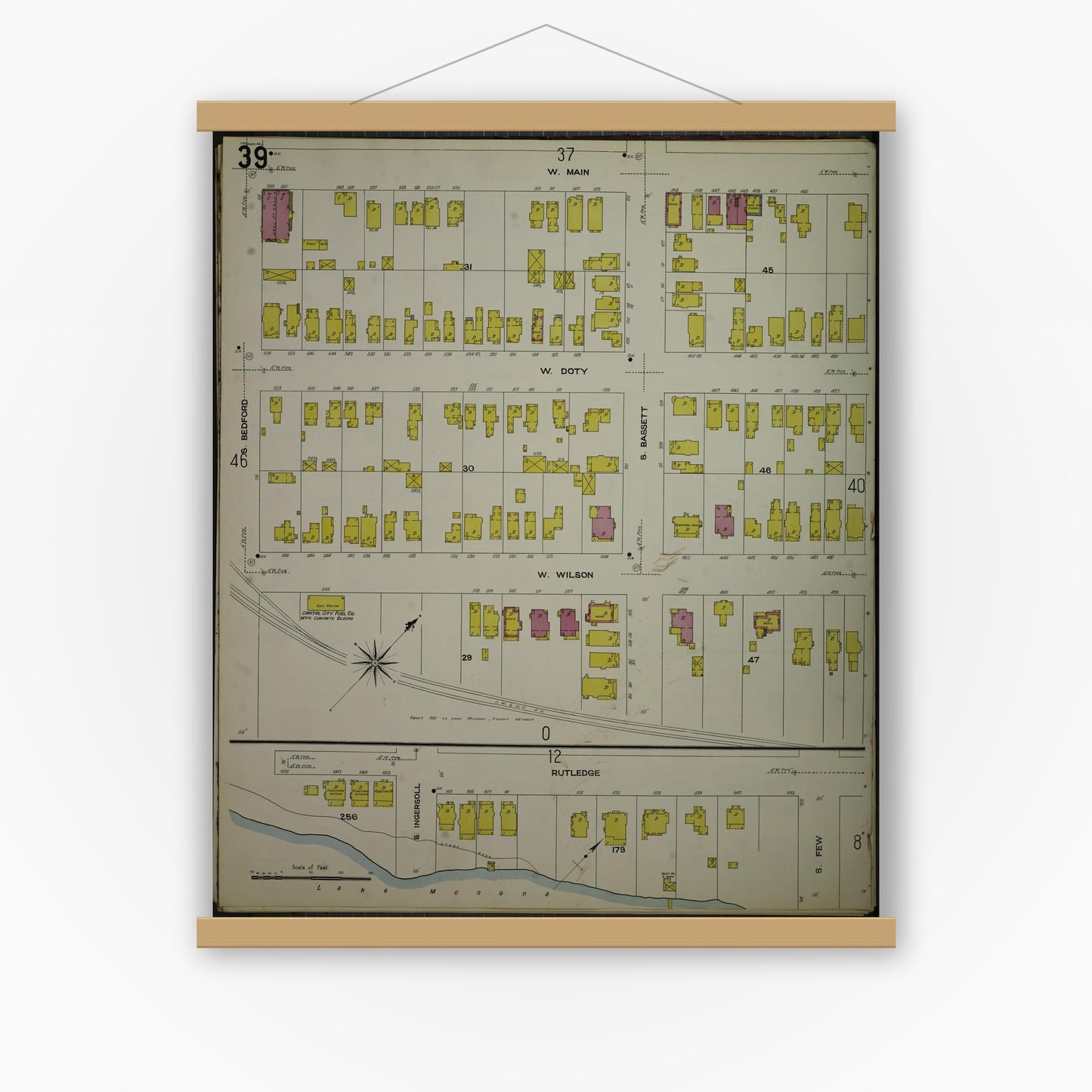Old map wall art mockup — magnetic wood frame on white wall — Sanborn Fire Insurance Map from Madison, Dane County, Wisconsin (1908), Sheet #0039